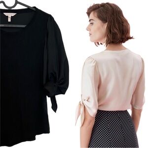Rebecca Taylor Black Silk Twill & Jersey Top Size Small Tie Sleeves